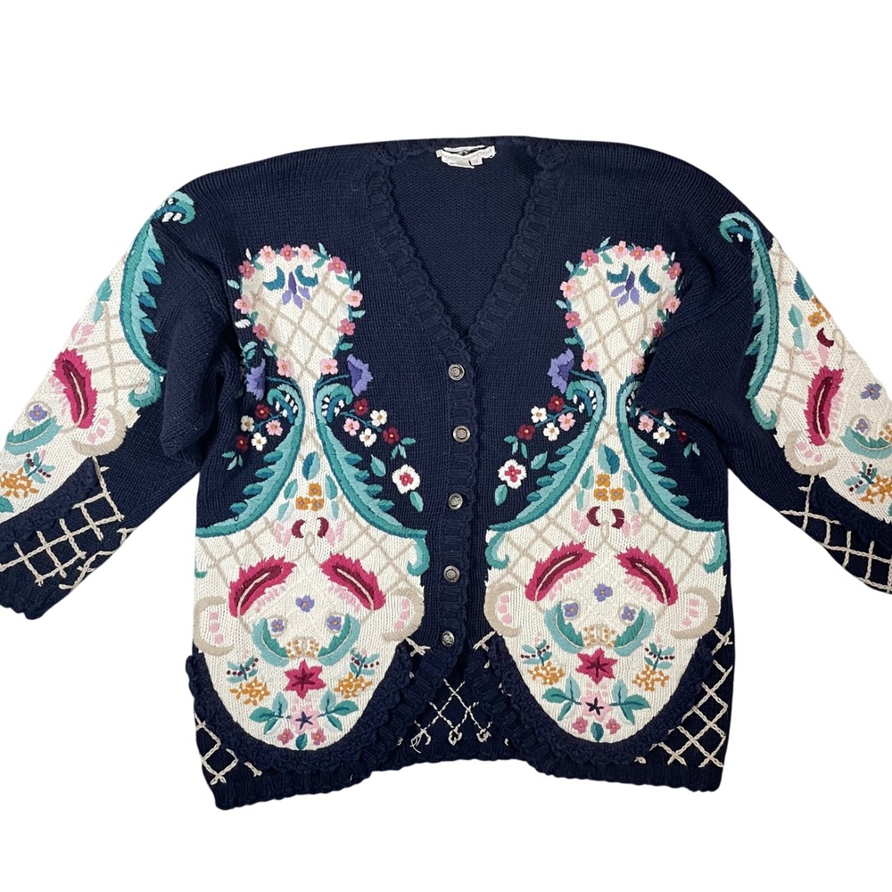 Jennifer Reed Hand Knit Cardigan Sweater 1X Floral Cottagecore GrandmaCore
